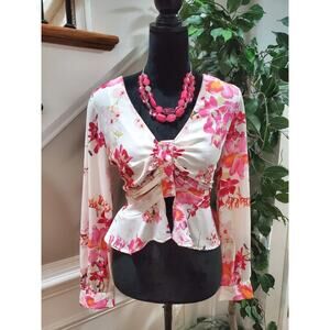 18 Centimeters Womens White Floral Long Sleeve V Neck Button Top Blouse Small